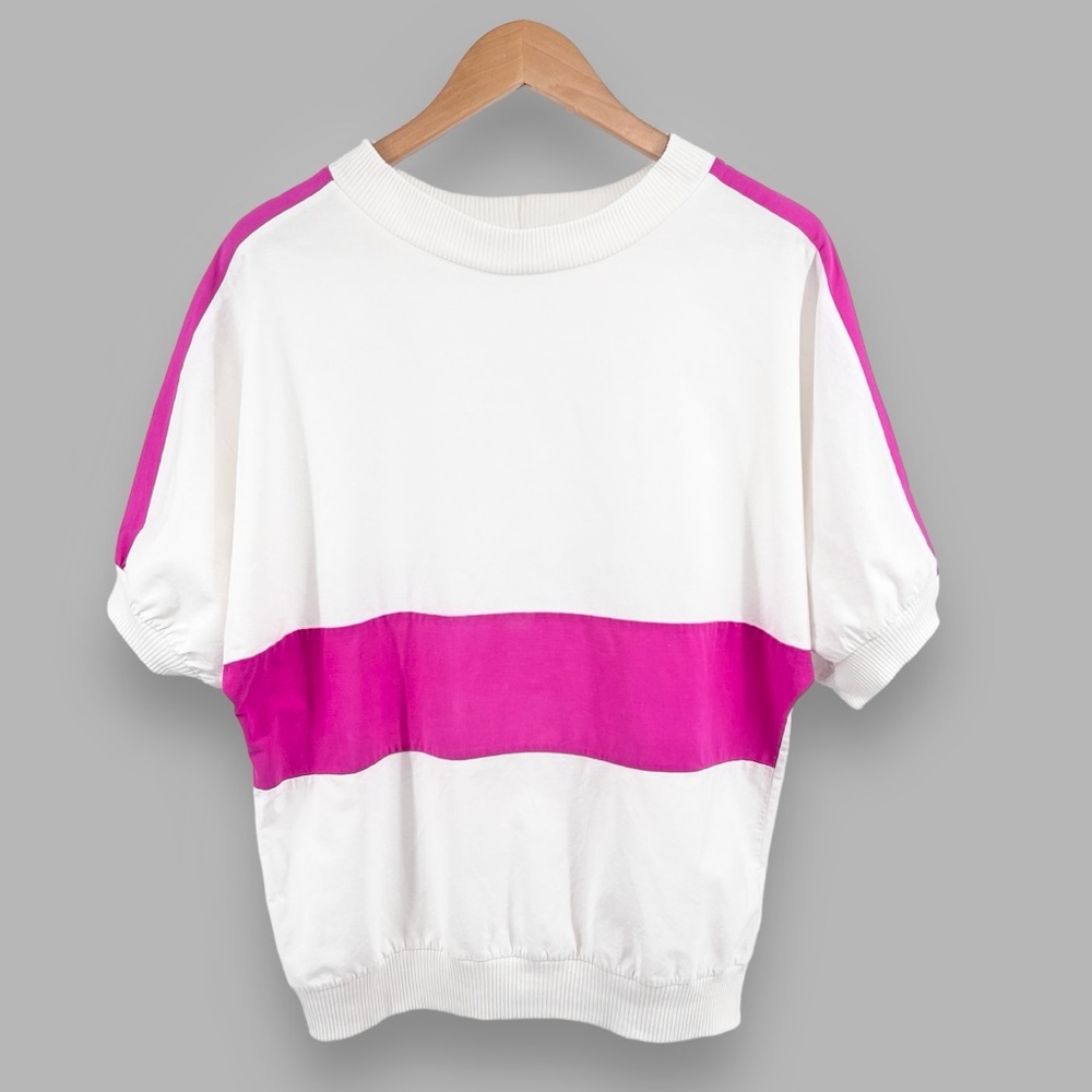 Vintage 80s Asher III Color Block Top Sz M White Pink Cotton Linen Retro Street